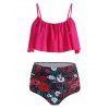 Maillot de Bain Bikini Superposé Fleuri Imprimé à Volants - Rouge Rose S