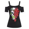 T-shirt Fleur Crâne Graphique à Epaule Ouverte à œillets - Nuit 2XL
