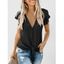 Button Loop Ruffle Armhole Knotted Plunge Blouse - BLACK XL