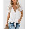 Button Loop Ruffle Armhole Knotted Plunge Blouse - WHITE M