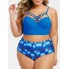 Plus Size Criss Cross Mesh Panel Print Bustier Bikini Swimsuit - COBALT BLUE 5X