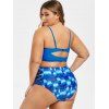 Plus Size Criss Cross Mesh Panel Print Bustier Bikini Swimsuit - COBALT BLUE 5X