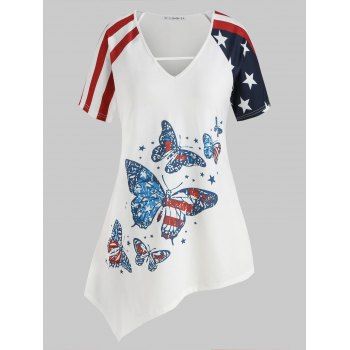 

American Flag Butterfly Print Asymmetrical Plus Size Tunic, White