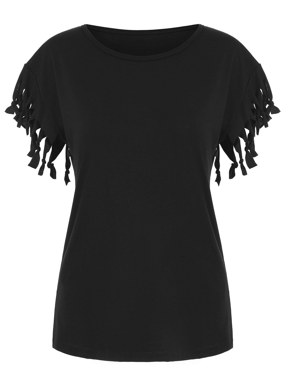 [35% OFF] 2021 Fringed Plain Short Sleeve T-shirt In BLACK | DressLily