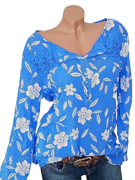 

Plus Size Lace Crochet Floral Print Chiffon Blouse, Dodger blue