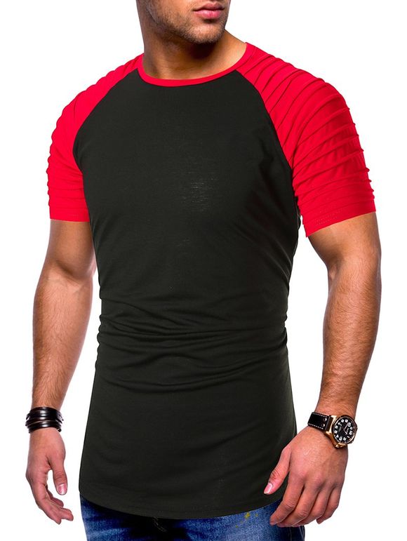 T-shirt Décontracté Plissé Panneau en Blocs de Couleurs à Manches Raglan - Rouge XL