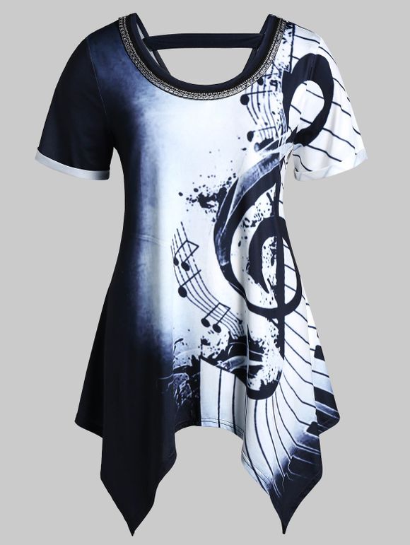 T-shirt Asymétrique Embelli de Chaîne Note de Musique Imprimée de Grande Taille - multicolor 3X