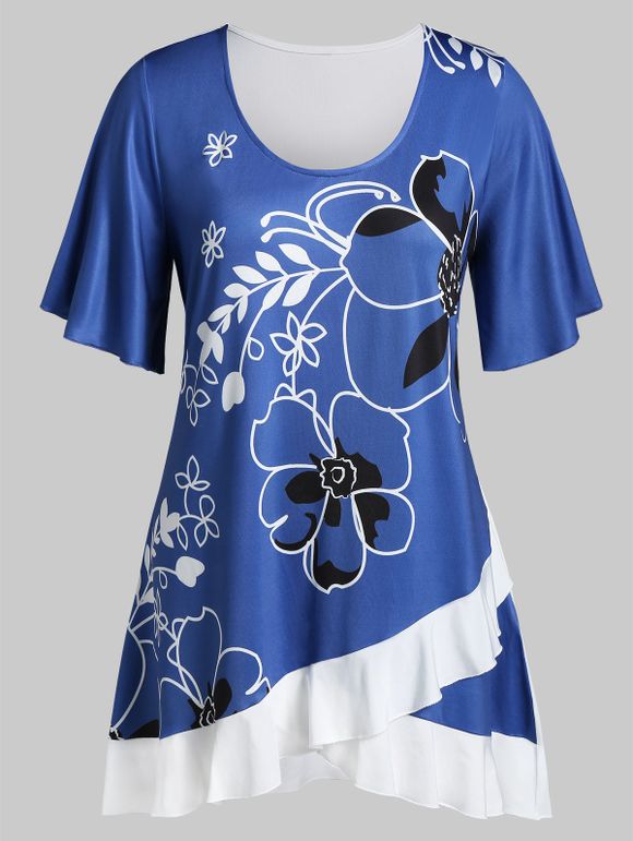 T-shirt Superposé Fleur Imprimée de Grande Taille à Volants - Bleu Myrtille 4X