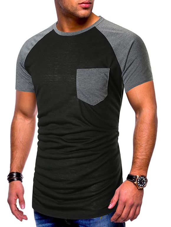 T-shirt Panneau en Blocs de Couleurs à Manches Raglan avec Poche Poitrine - Noir XL