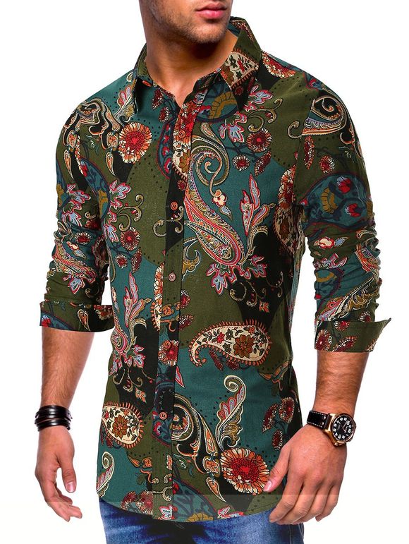Chemise Boutonnée Fleur Cachemire Imprimés à Manches Longues - Vert XL