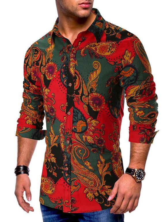 Chemise Boutonnée Fleur Cachemire Imprimés à Manches Longues - Rouge XL