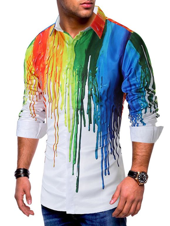 Colorful Painting Splatter Print Long Sleeves Casual Shirt - WHITE 2XL