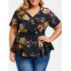 Blouse Péplum Fleurie Imprimée à Epaule Ouverte de Grande Taille - Cadetblue 1X