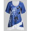 T-shirt Superposé Fleur Imprimée de Grande Taille à Volants - Bleu Myrtille 5X