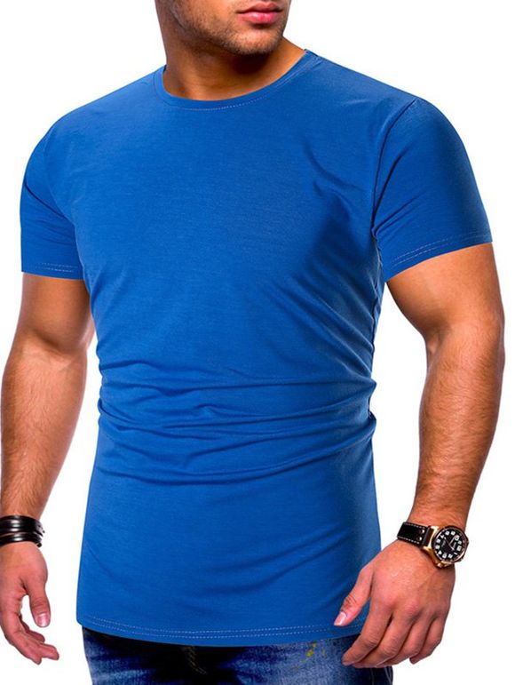T-shirt de Base en Couleur Unie à Manches Courtes - Bleu 2XL