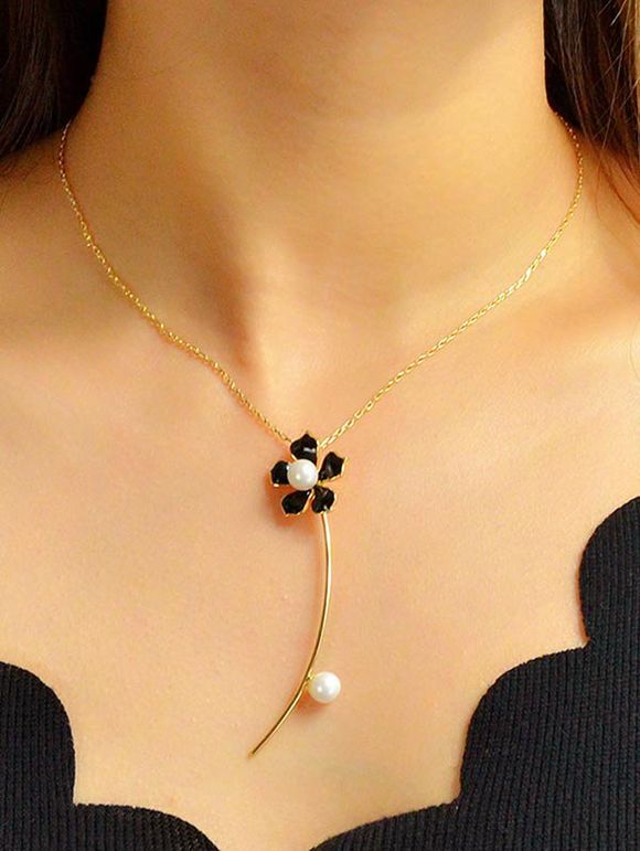 Collier Pendant Embelli de Fleur en Perle Artificielle - Noir 