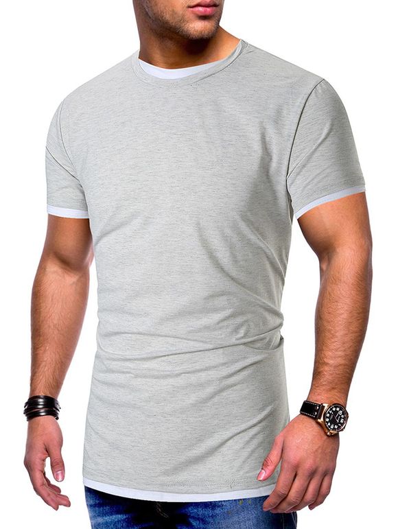 T-shirt Panneau en Blocs de Couleurs Fausse Deux Pièces - Gris Clair XL