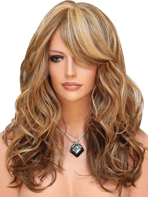 Synthetic Long Side Bang Body Wave Wig - BROWN 