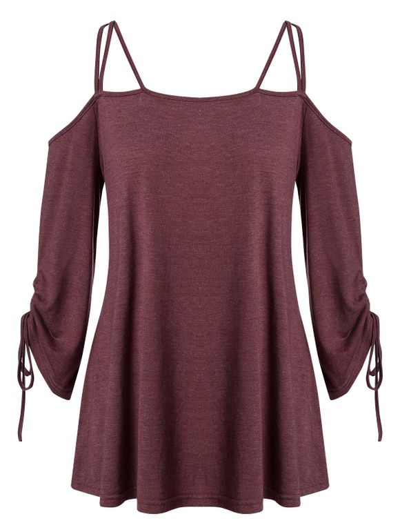T-shirt Teinté à Epaule Dénudée à Bretelle Fine de Grande Taille - Rouge Vineux 5X