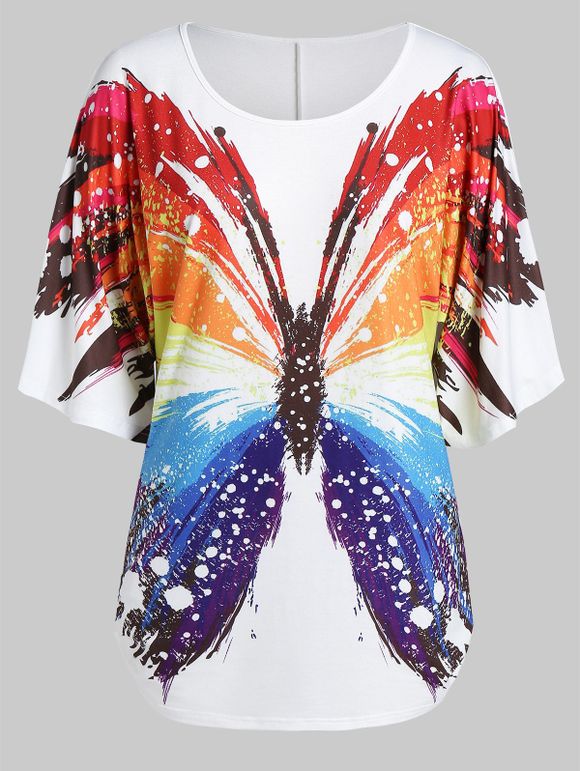 T-shirt Tunique Papillon Imprimé à Demi-Manches de Grande Taille - Blanc 4X