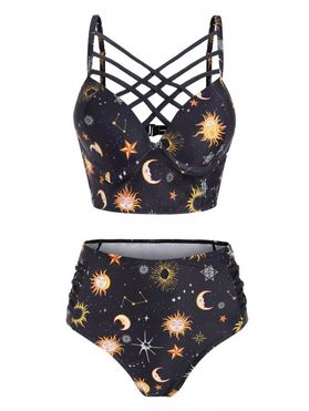 Vintage Corset Moon Sun Tankini Swimsuit Star Print Lattice Retro Swimwear Set