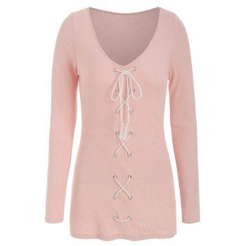 

Plunge Rings Lace Up Long Sleeve T Shirt, Apricot