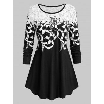 

Plus Size Tunic Round Collar Floral Print T Shirt, Black