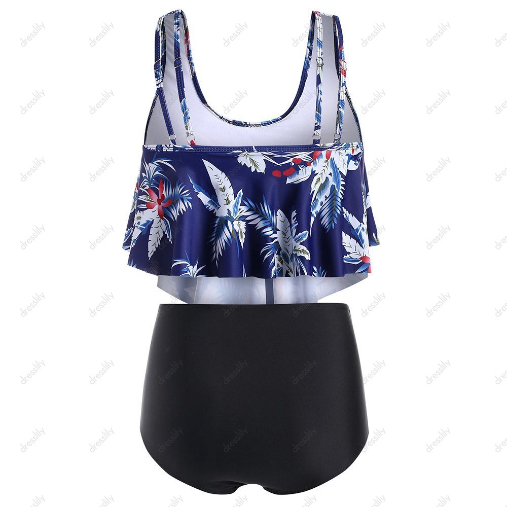 

Floral Print Plus Size High Waist Tankini Set, Midnight blue