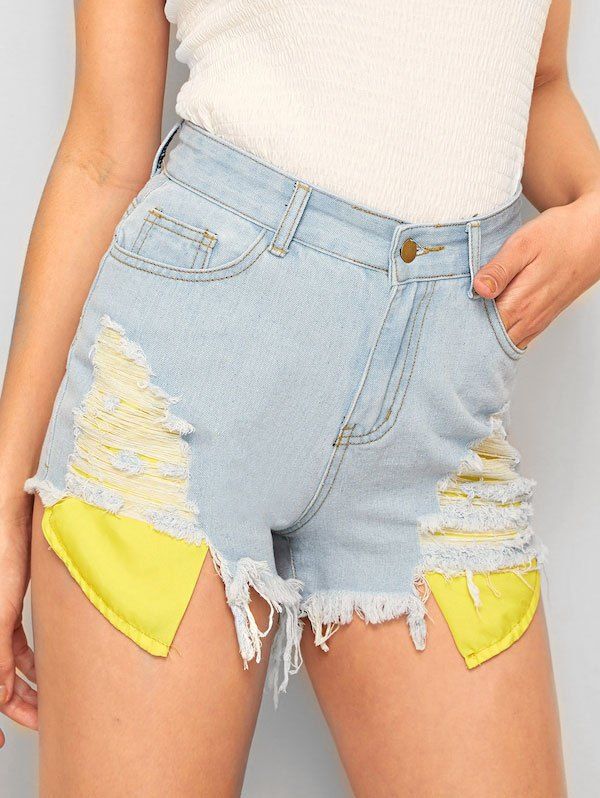 [17 OFF] 2021 Contrast Pocket Cut Off Denim Shorts In JEANS BLUE