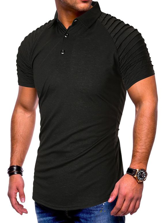 T-shirt Plissé à Demi-Bouton en Couleur Unie à Manches Raglan - Noir XL
