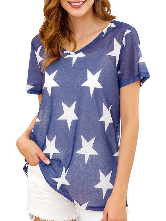 T-shirt Long Etoile Imprimée à Col V - Bleu Foncé Toile de Jean XL