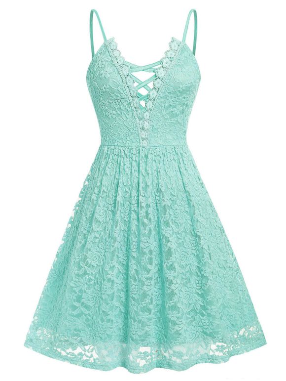 Plus Size Lace Criss Cross Cami Dress - AQUAMARINE L