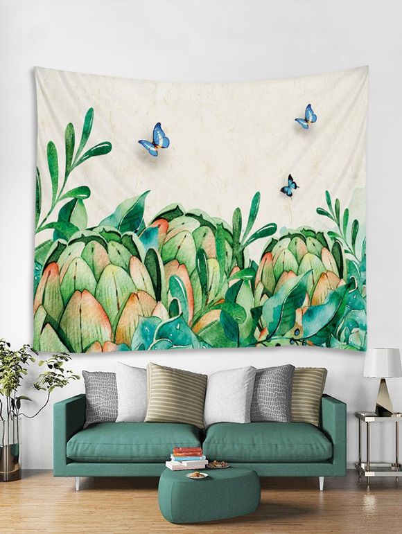 Papillon et fleurs tapisserie murale Tenture murale Art Décoration - Bleu Vert W59 X L51 INCH