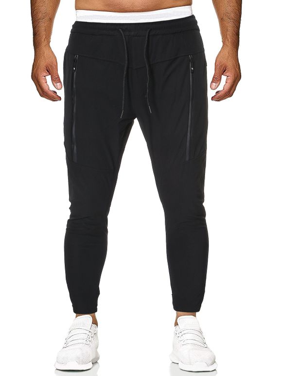 Pantalon de Jogging en Couleur Unie Jointif Faux Zip avec Poche - Noir XL