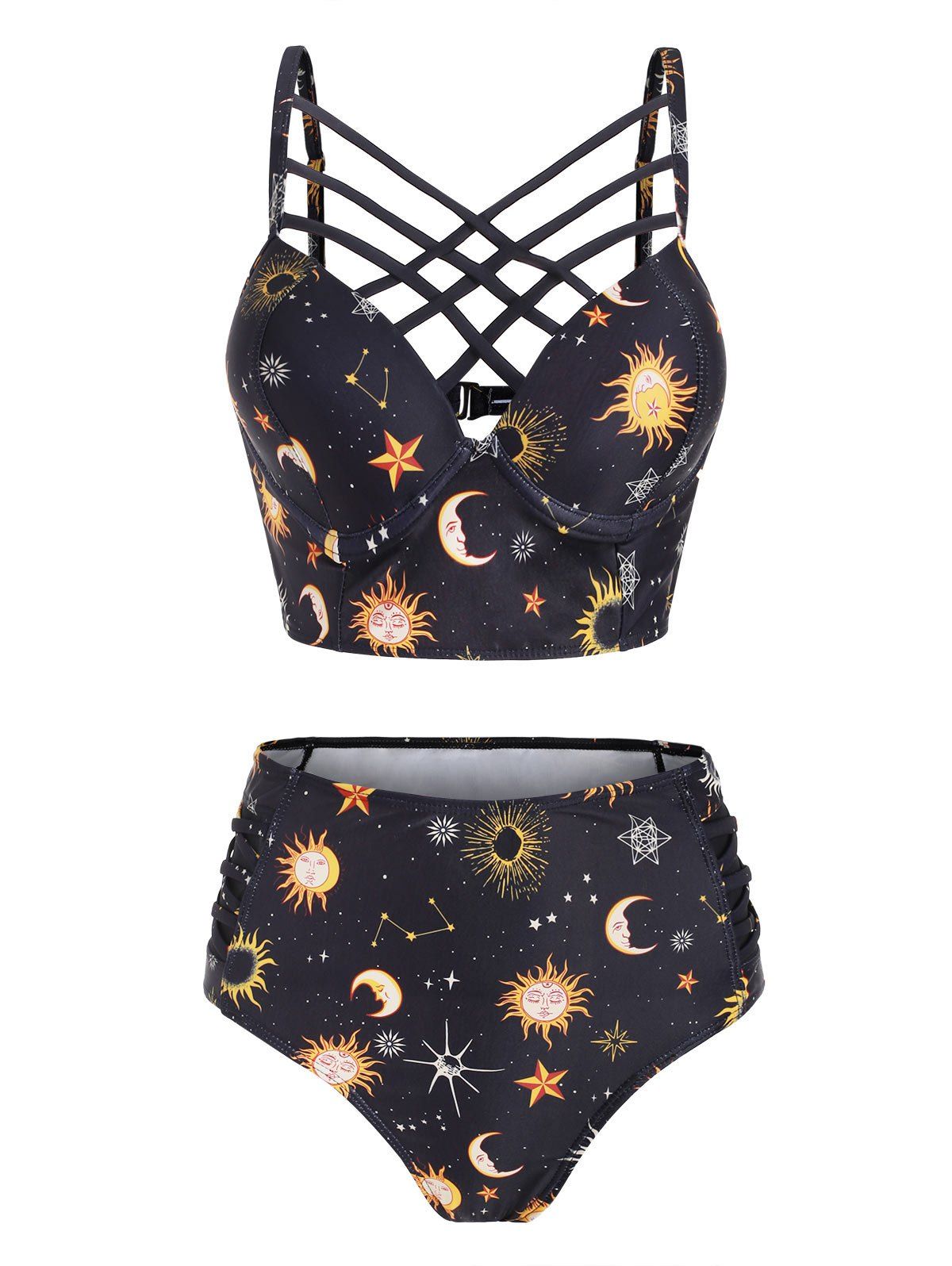 Vintage Tankini Swimsuit Corset Moon Sun Bathing Suit Star Print Lattice Summer Beach Swimwear - YELLOW L