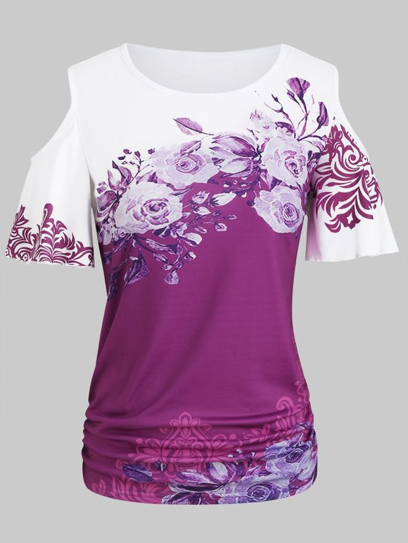 T-shirt Fleuri Imprimé Epaule Dénudée à Volants - Pourpre M