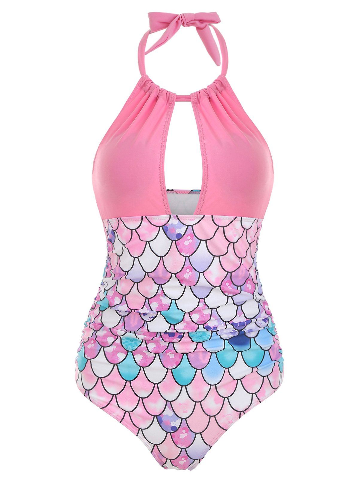 Cut Out Mermaid Ruched Halter Swimsuit - PINK 2XL