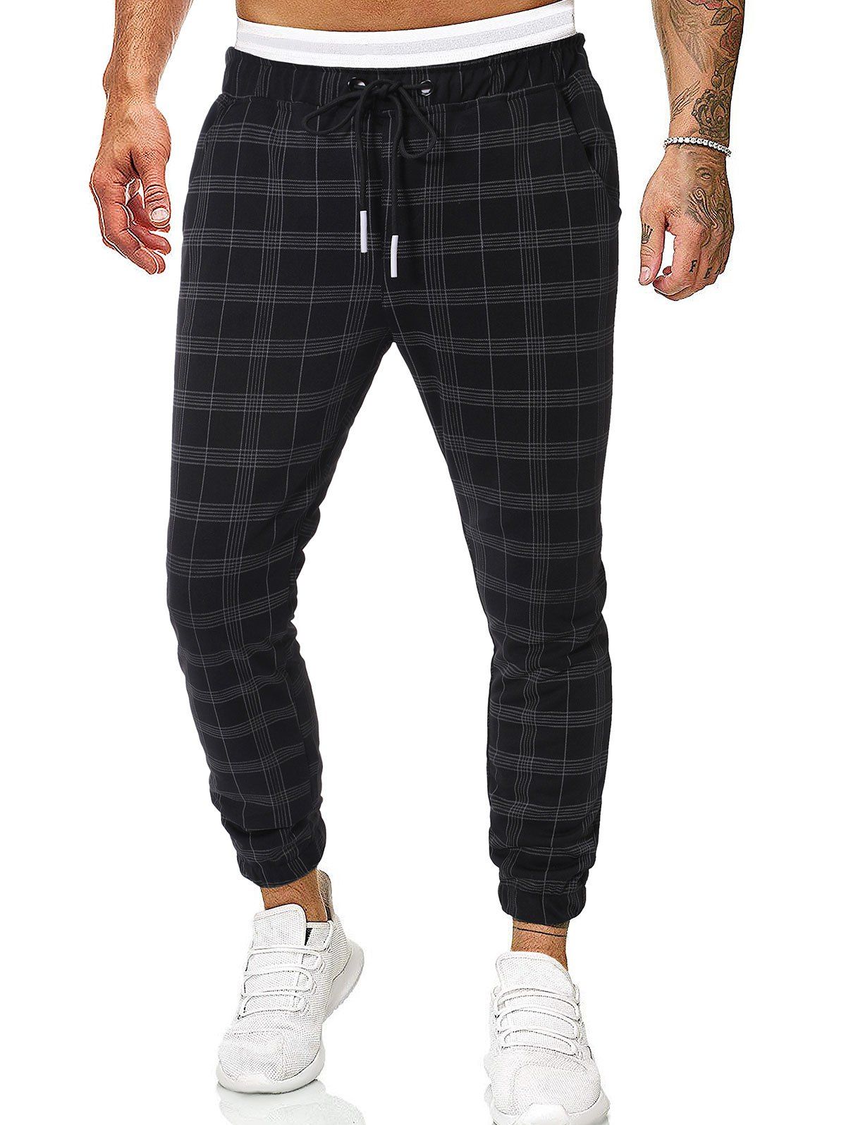 Long Checkered Print Casual Jogger Pants - BLACK M