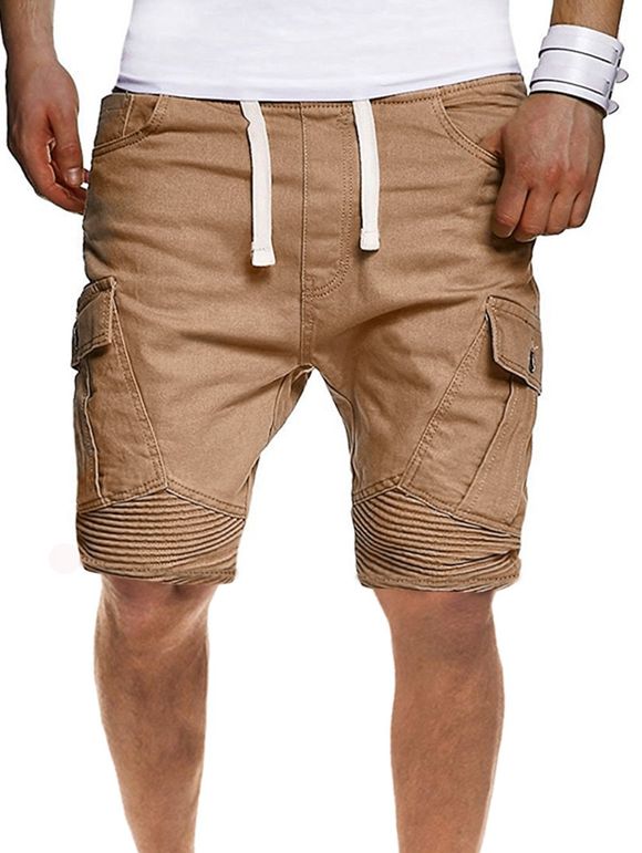 Solid Color Pleated Side Flap Pocket Shorts - KHAKI S