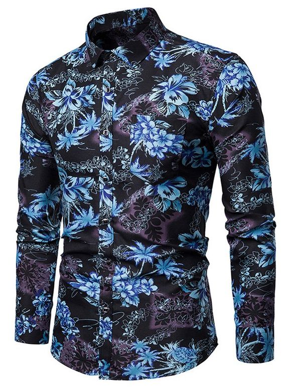 Chemise décontractée à fleurs avec poche - Bleu de Soie S