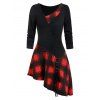 T-shirt Asymétrique à Carreaux Volanté à Col Oblique à Lacets - Rouge 3XL