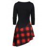 Asymmetrical Skew Neck Ruched Lace Up Plaid T-shirt - RED 2XL