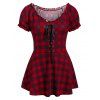 T-shirt à Carreaux de Grande Taille à Col Rond à Lacets - Rouge Cerise L