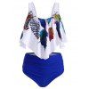 Feather Print Ruched Overlay Tankini Swimsuit - COBALT BLUE L