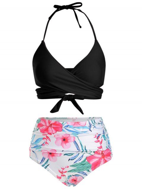 Tummy Control Bikini Swimsuit Tropical Floral Print Swimwear Halter Wrap Vacation Bathing Suit
