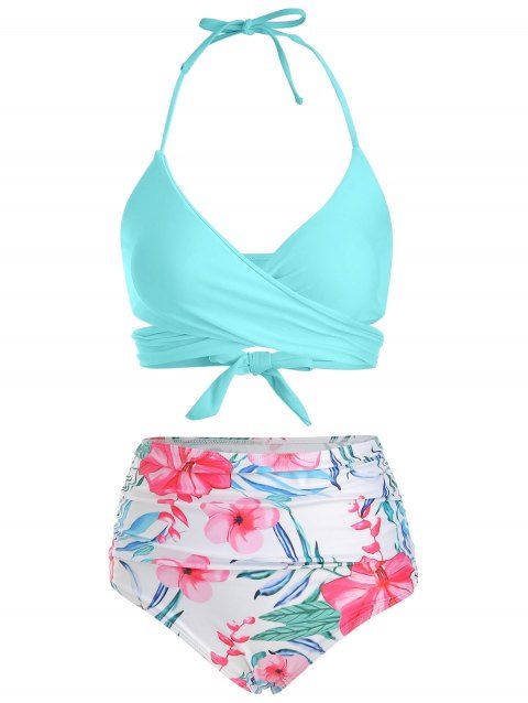 Tummy Control Bikini Swimsuit Tropical Floral Print Swimwear Halter Wrap Vacation Bathing Suit