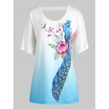 

Plus Size Flower Peacock Print Ombre Cut Out Tee, White