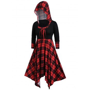 

Plus Size Hooded Plaid Lace Up Handkerchief Dress, Multicolor