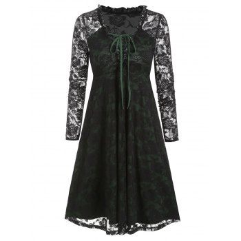

Sheer Plunge Neck Ruffle Lace up Flower Lace A Line Mini Dress, Black