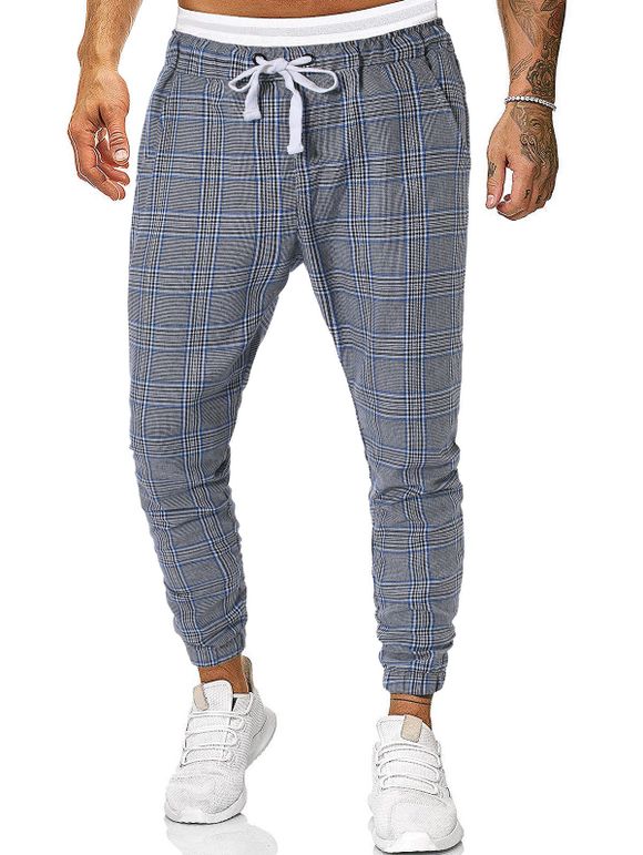 Pantalon de Jogging Décontracté à Carreaux Imprimé - Bleu gris M